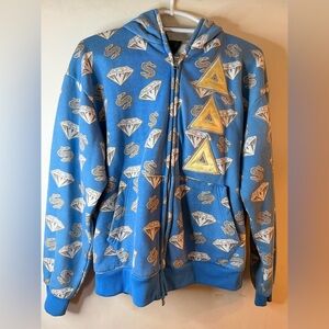 Y2K Blue Money & Diamond Print Zip Hoodie Rockstar Graphic Sweatshirt